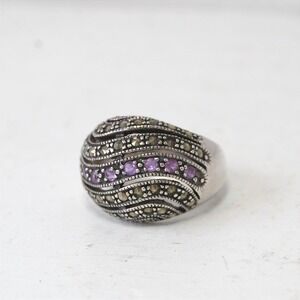Vintage Sterling Silver Amethyst & Marcasite Ring Size 6.5 Chunky 925 Jewelry